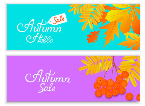 Set of autumn banners for seasonal sale with falling leaves and rowan berries. Hand inscription.