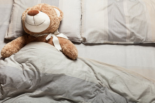Brown teddy bear in bed, furry doll. Sweet sleep.