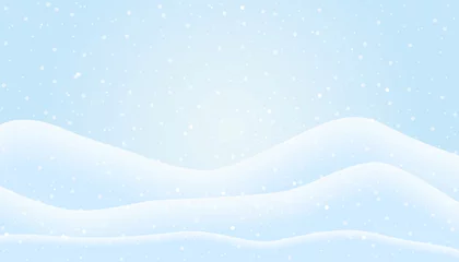 Fotobehang Platte ontwerpillustratie van winterberglandschap met sneeuwval en heuvels onder blauwe hemel © Forgem