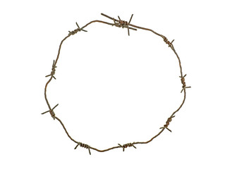 Barbed wire circle isolated on white background. Rusty wire.