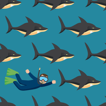 Sharks and Scuba Diver. Seamless Pattern