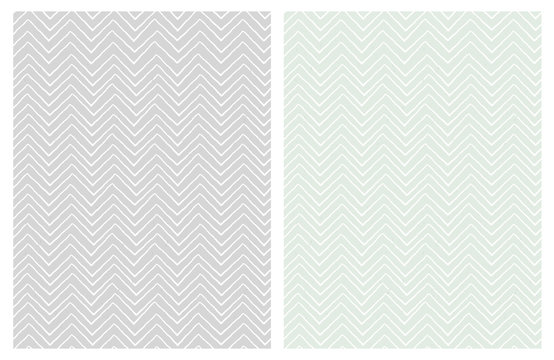 Set of Seamless Cute Chevron Patterns. White Zig Zag Shape a Gray ad Light Mint Green Background. Funny Irregular Design. Infantile Style
