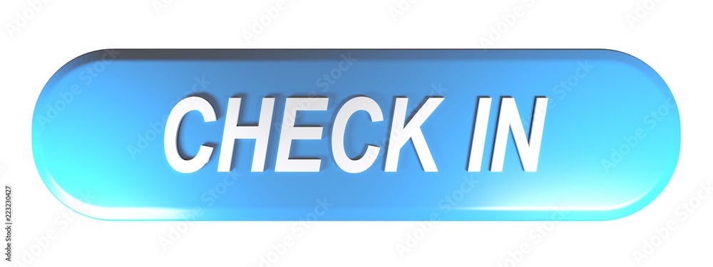 Poster blue rounded rectangle push button check in - 3d rendering