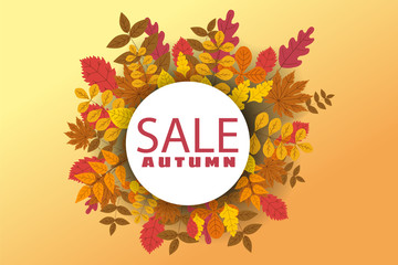 Banner for Autumn Sale, background with falling leaves, yellow, orange, brown, fall, lettering, template for poster, banner, vector, isolated