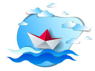Paper ship swimming in sea waves, origami folded toy boat floating in the ocean with beautiful scenic seascape with clouds in the sky, vector illustration.