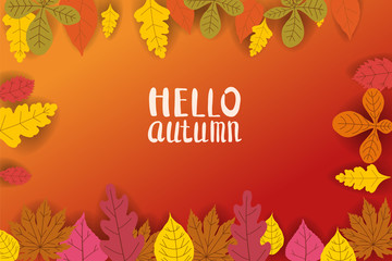 Hello Autumn, background with falling leaves, yellow, orange, brown, fall, lettering, template for poster, banner, vector, isolated