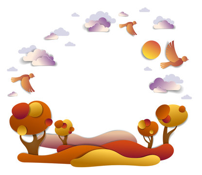Scenic autumn landscape of meadows and trees, background with copy space, cloudy sky with birds and sun, vector illustration in paper cut kids style. Autumn in countryside, travel and tourism.