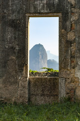 Sugar Loaf, Rio de Janeiro, seen from the casamata window,on the Sao Luis Fort, Niteroi, mountain back view, aerial view, a different point of view, of this touristic point.
