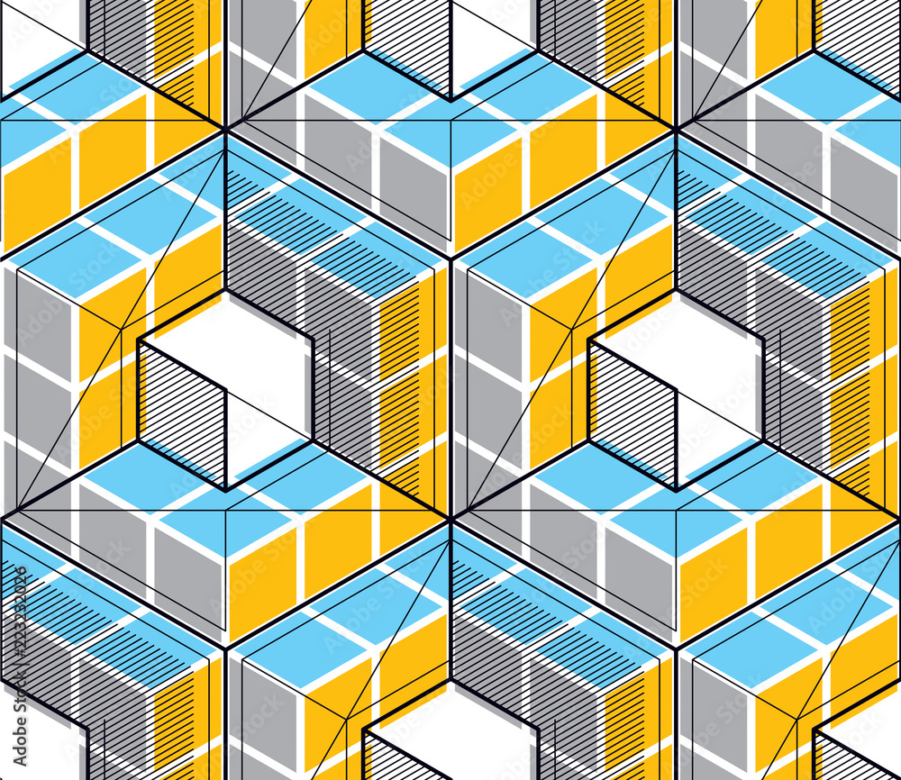 Poster geometric cubes abstract seamless pattern, 3d vector background. technology style engineering line d