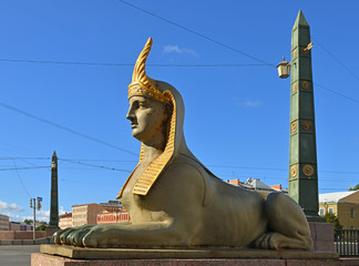 Sphinx chimera of Egyptian bridge over Fontanka river, St. Petersburg, Russia