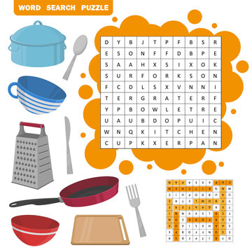 Word search puzzle. Vector education game for children. cooking equipment icon set - frying pan, cup, pan, bowl, board, etc