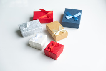 Cute gift boxes for Xmas, colorful gifts box, Christmas presents in decorative boxes, Gift boxes for holiday.