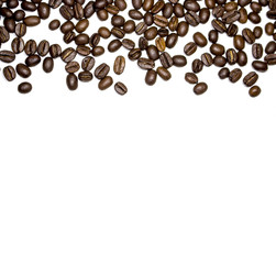 Roasted coffee beans in white background, with plenty of copy space underneath.