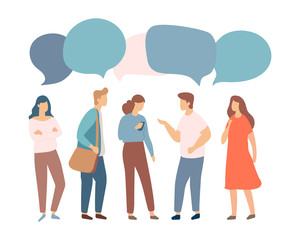 Young people characters with colorful dialog speech bubbles. Discussing, chatting, conversation, dialogue. Flat vector illustration isolaed on white.