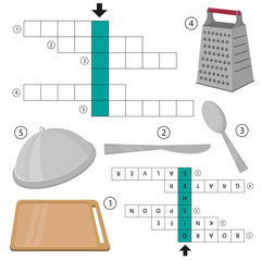 Fototapeta na wymiar Crossword Kitchenware and cooking equipment. Education game for children. Vector illustration