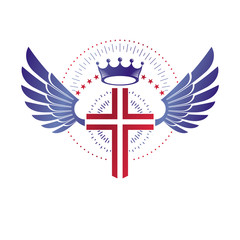 Cross of Christianity graphic emblem. Heraldic vector design element. Retro style label, religious insignia decorated with luxury monarch crown and liberty bird wings.