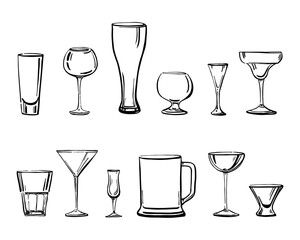 Vector outline hand drawn sketch illustration with different types of drinking glasses
