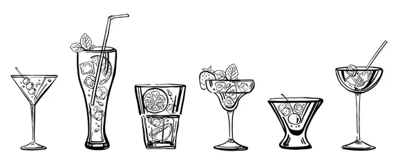 Foto op Plexiglas Vector outline hand drawn sketch illustration with different cocktails © Alexandra