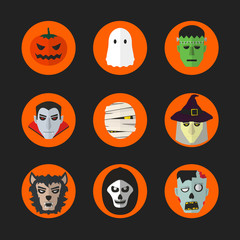 Halloween faces characters like Dracula, zombie, werewolf, witch, mummy, pumpkin head and etc. With the orange circles layers and black background.