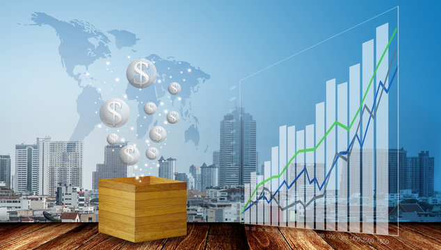 Bubbles of money and growth graph with cityscape background, Bubble of economy concept