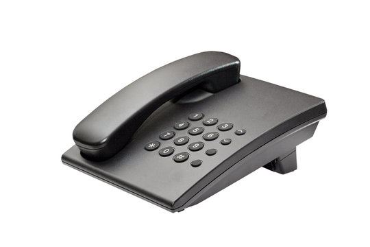 Image of black office phone on white background.