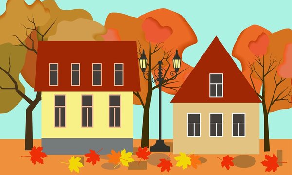 Vector autumn illustration of a beautiful fall cottage houses with bright foliage trees