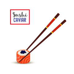 Vector sushi with chopsticks - black caviar, salmon, rice