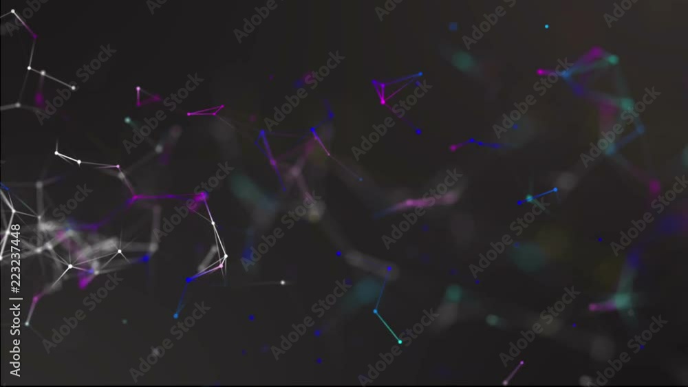 Poster color-changing particles move slowly against a black background. 3d rendering. abstract background