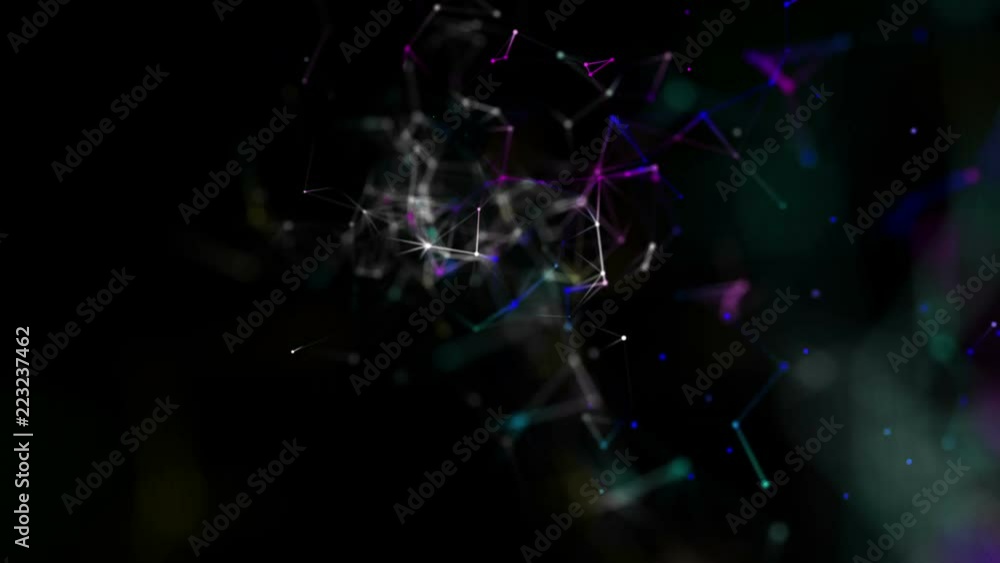 Poster color-changing particles move slowly against a black background. 3d rendering. abstract background