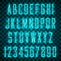 Obraz premium Glowing blue neon alphabet with letters from A to Z and digits from 0 to 9 on transparent background. Shining neon effect. Every letter is separate unit with wires, tubes, brackets and holders.