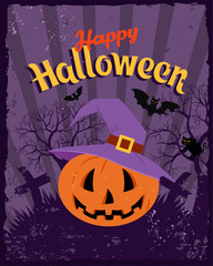 Happy Halloween vintage poster. Bat and spider, Cute pumpkin in a hat spooky scary smile and black cat on the night background of the cemetery. Vector illustration.