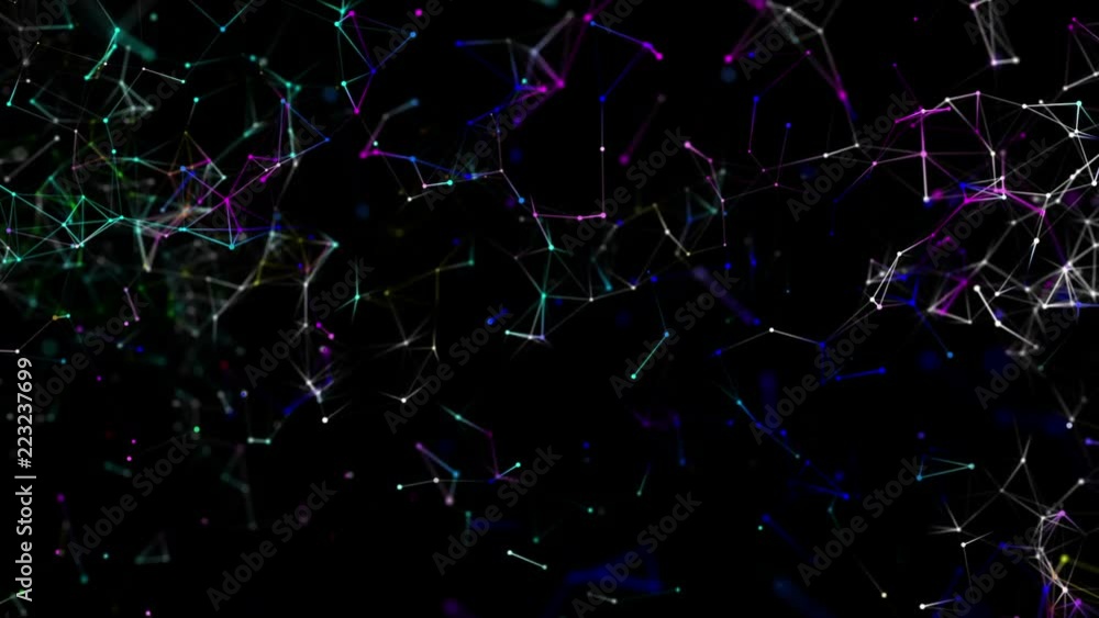 Poster color-changing particles move slowly against a black background. 3d rendering. abstract background