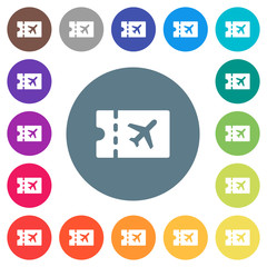 Air travel discount coupon flat white icons on round color backgrounds