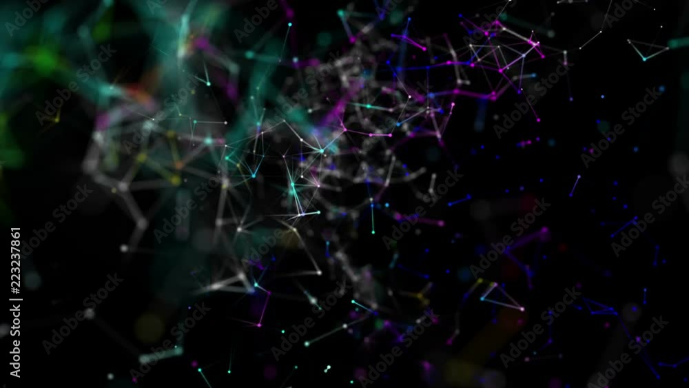 Poster color-changing particles move slowly against a black background. 3d rendering. abstract background