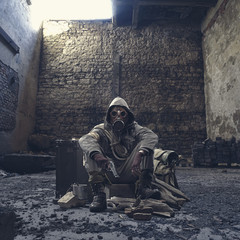Nuclear disaster survivor with gas mask