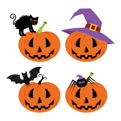 Happy Halloween Day , Bat and spider, Cute pumpkin in a hat spooky scary smile and black cat isolated on white background, sign element.