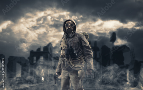Brave Post Atomic Survivor With Gas Mask And Destroyed City