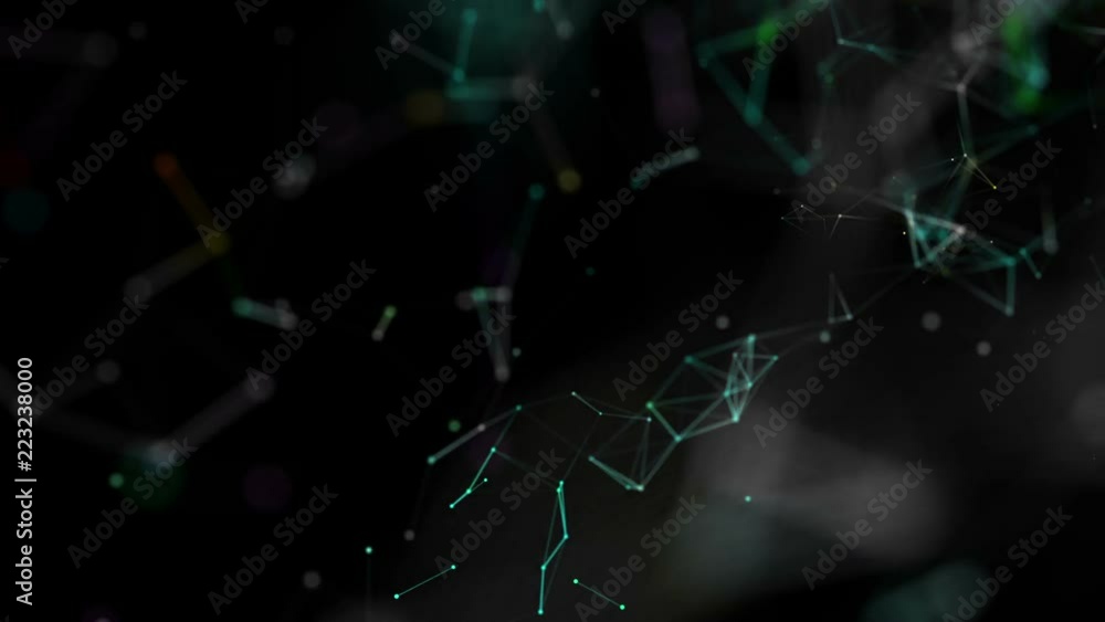 Poster color-changing particles move slowly against a black background. 3d rendering. abstract background