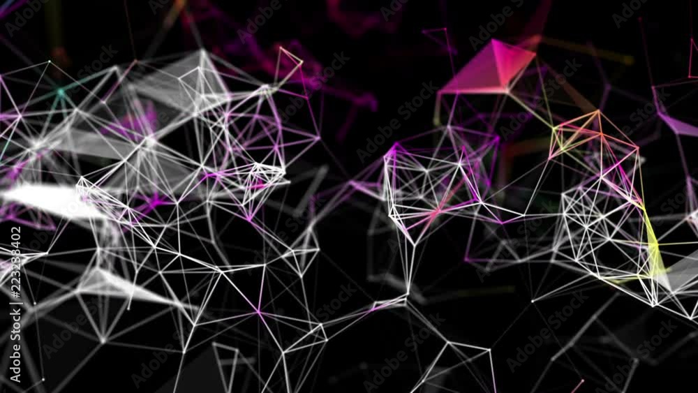 Poster color-changing particles move slowly against a black background. 3d rendering. abstract background