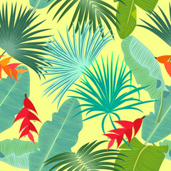 Fototapeta na wymiar Seamless pattern of exotic jungle plant tropical palm leaves, floral vector on the yellow background.
