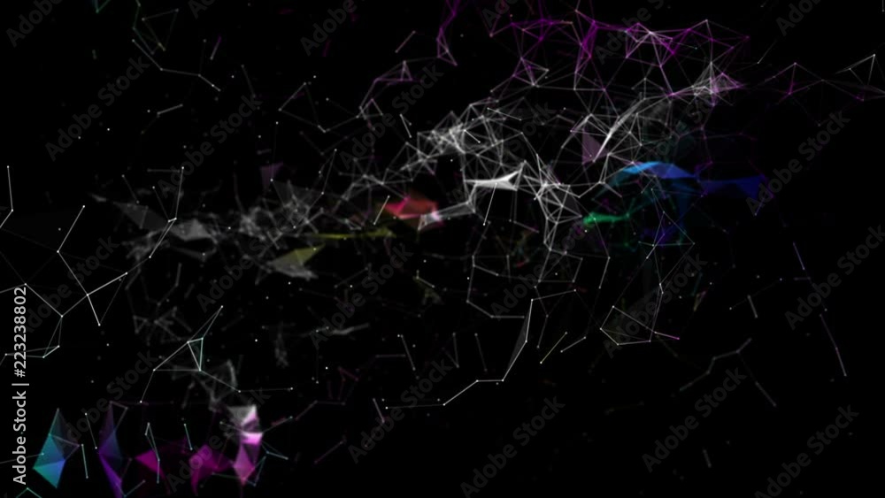 Poster color-changing particles move slowly against a black background. 3d rendering. abstract background