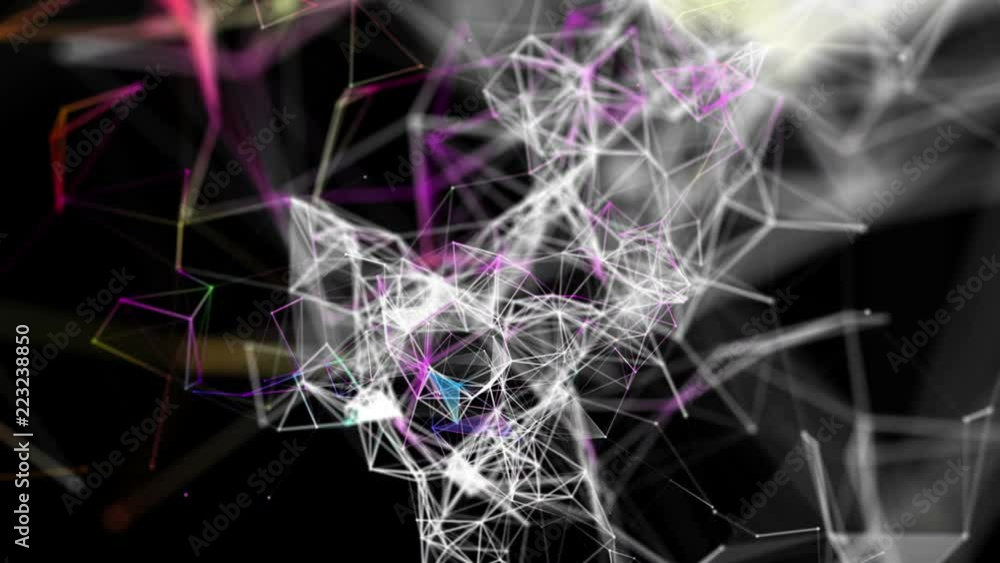 Poster color-changing particles move slowly against a black background. 3d rendering. abstract background