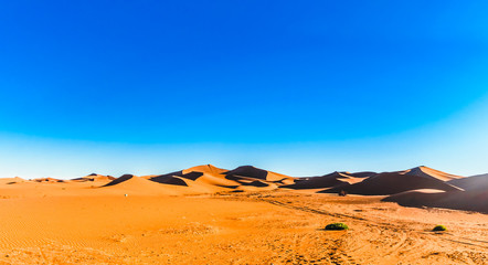 Naklejka na ściany i meble View on desert landscape of the Sahara next to Mhamid in Morocco