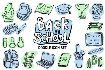 Back to school icon set. Doodle elements. Lettering and school supplies sketch collection. Vector illustration.