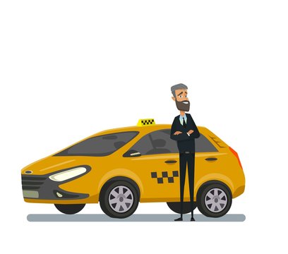Friendly taxi driver at the wheel of the car. Vector illustration
