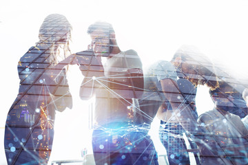 Business people work together in office. Concept of teamwork and partnership. double exposure