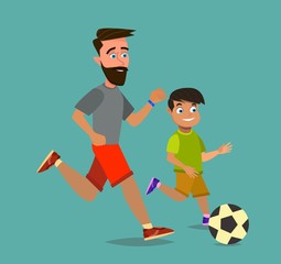 Little boy and his father playing football on playground. Vector illustration