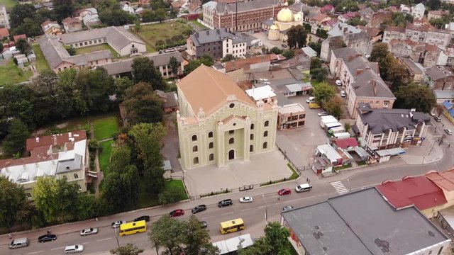 Aerial view of renewed Drohobych Choral Synagogue, Drohobych city, Ukraine. Flight around technique