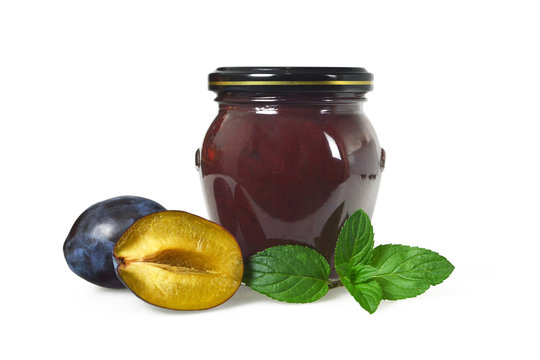 Plum jam jar isolated on white background