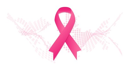 Breast cancer awareness campaign concept. October month. Pink smooth wave ribbon on background with rose digital map, like as healthy clean cells. Vector horizontal illustration. Women's health